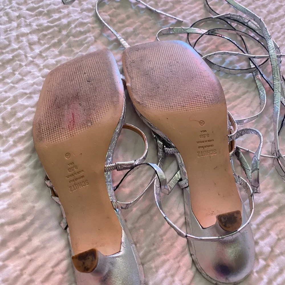 SCHUTZ Silver Lace-Up Square Toe Kitten Heel size 8.5B